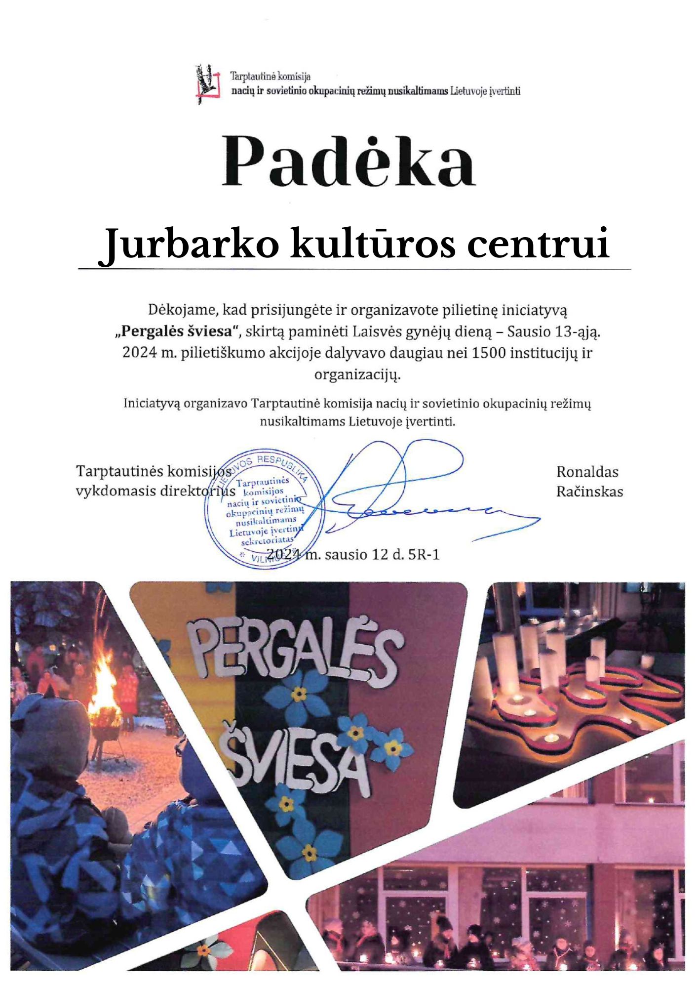 Jurbarko kultūros centrui įteikta padėka